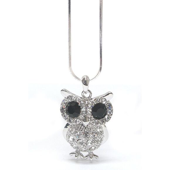 Large Owl Necklace White Gold Plated Pendant with Crystals - Picture 2 of 9